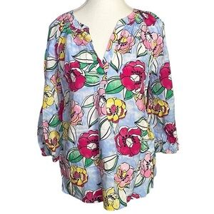 Crown & Ivy Popover Blouse Bright Floral M 3/4 Sleeves‎